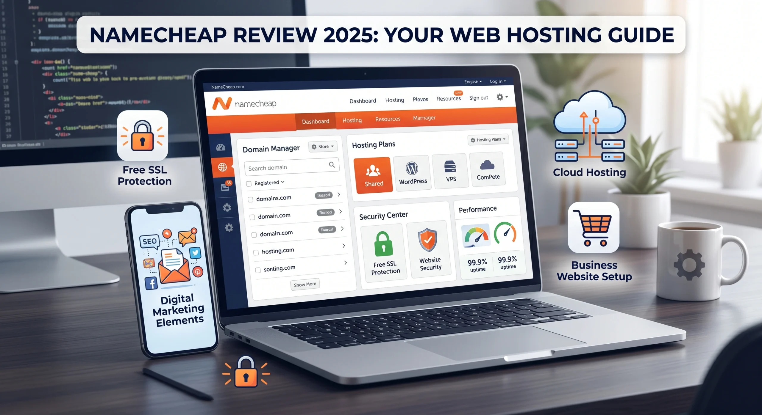 NameCheap Review 2025 showing web hosting, domain management, and website security features