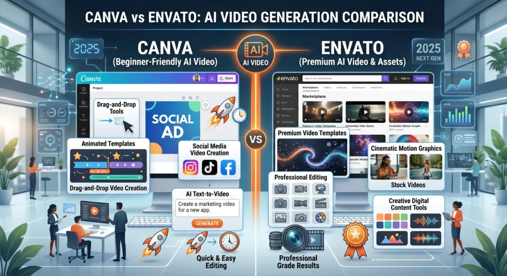 Unlimited AI Video Generation with Envato Elements – 2025 Comparison of Canva and Envato platforms for AI video generation and creative video editing