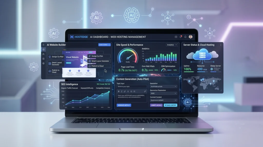 Hostinger Review 2025 – Affordable AI Web Hosting for Growth Laptop showing Hostinger AI tools dashboard with smart website automation and hosting features