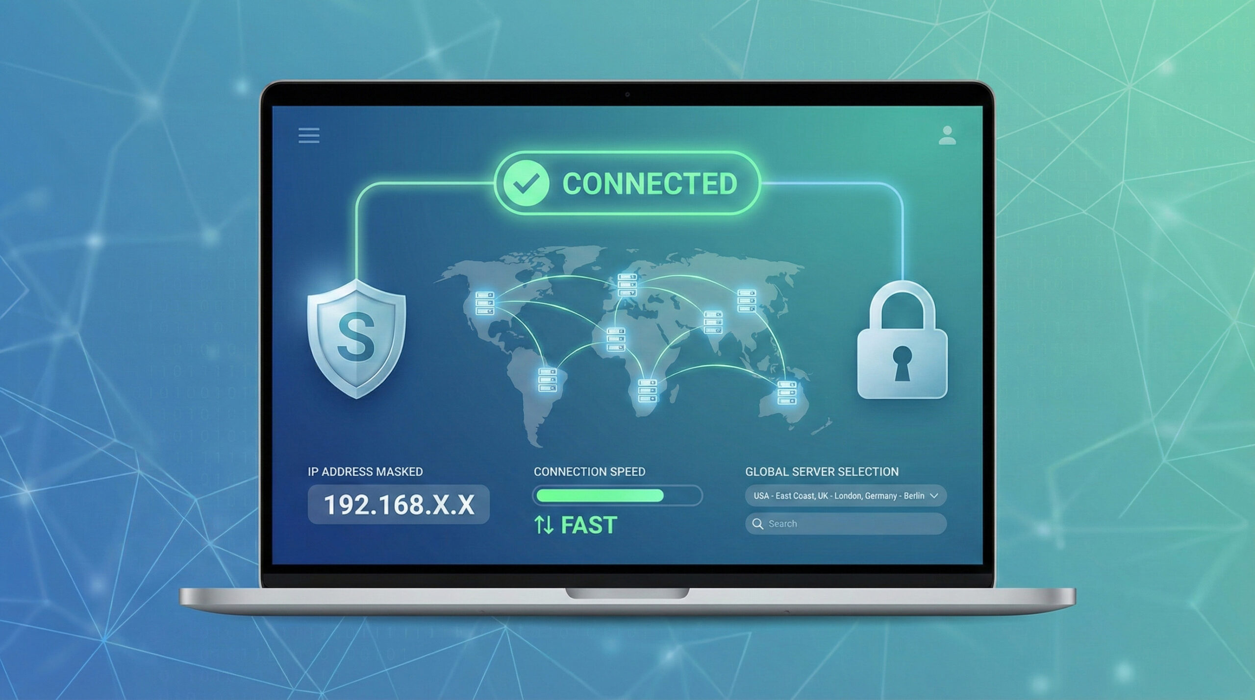 VPN dashboard showing secure connection and global protection