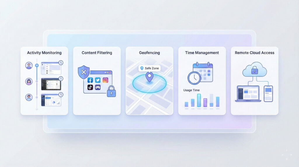 Key features of SentryPC monitoring software showing activity tracking, screen monitoring, and productivity analytics