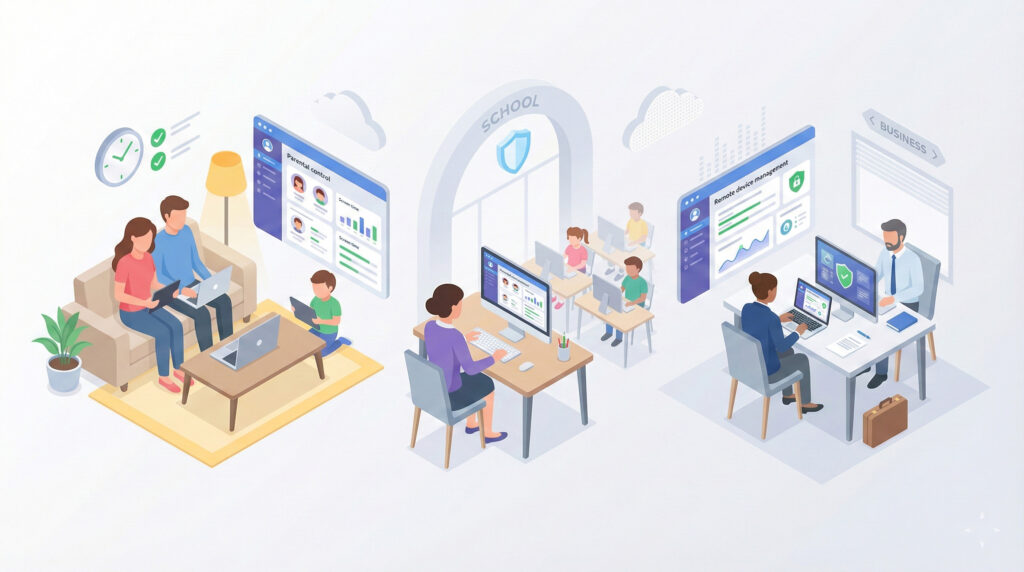 SentryPC for parents showing family, school, and business monitoring features in one dashboard