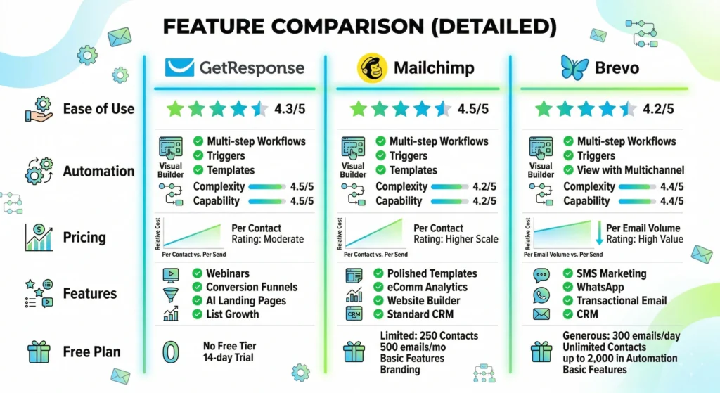 GetResponse vs Mailchimp vs Brevo (2026): Which is the best? Feature comparison chart of GetResponse vs Mailchimp vs Brevo
