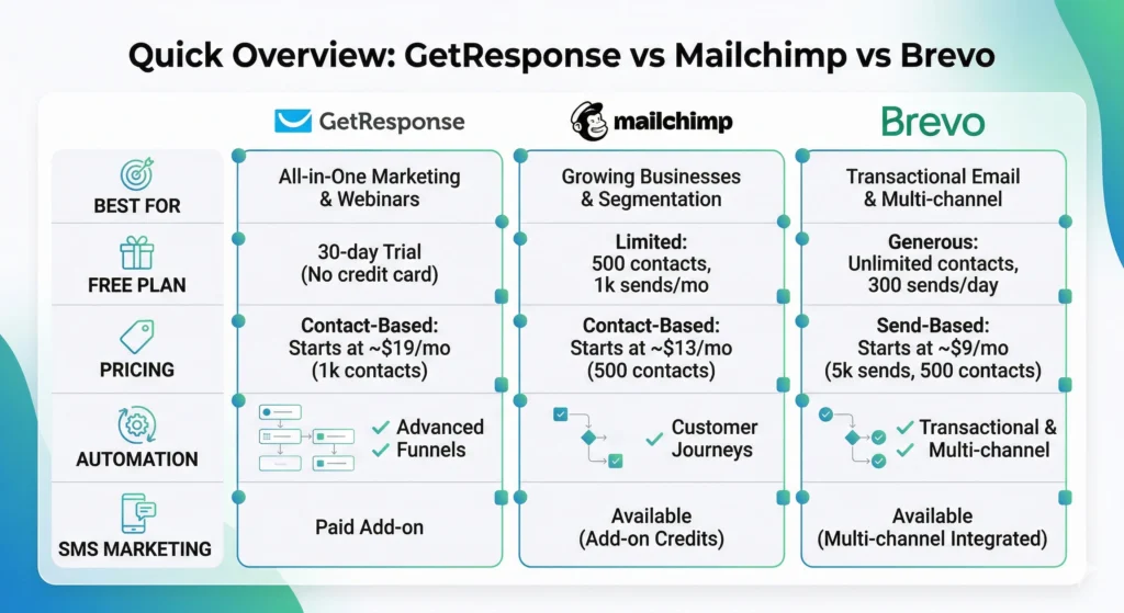 GetResponse vs Mailchimp vs Brevo (2026): Which is the best? Quick overview comparison of GetResponse vs Mailchimp vs Brevo