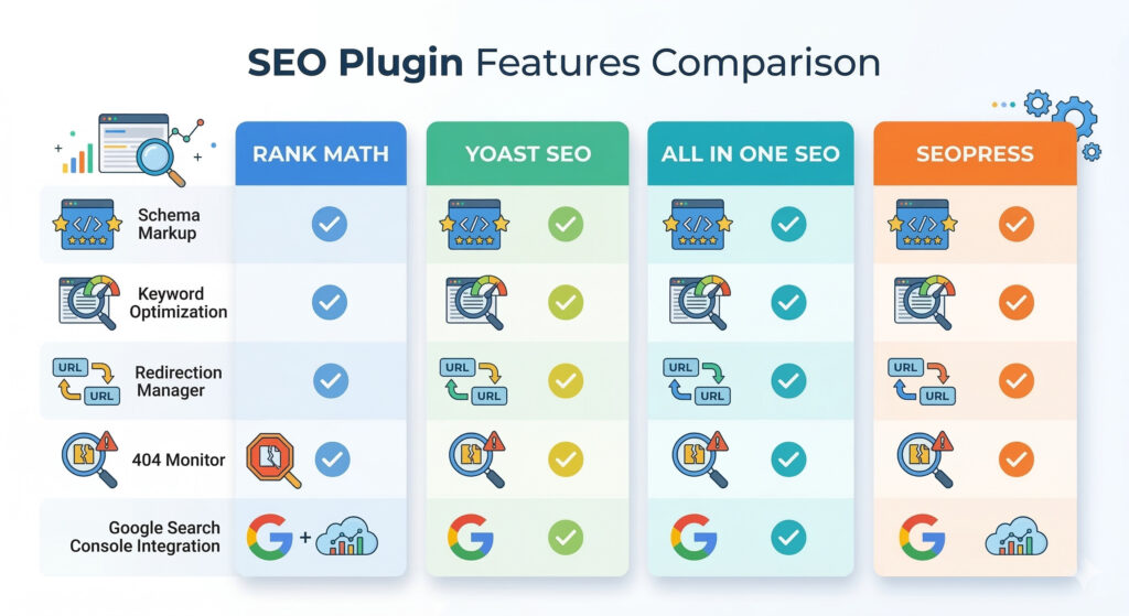 Key features comparison of Rank Math, Yoast SEO, All in One SEO and SEOPress plugins