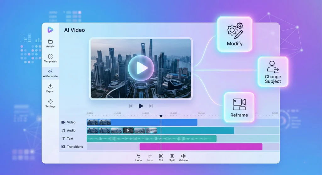 VideoGen AI video editing features modify change subject reframe