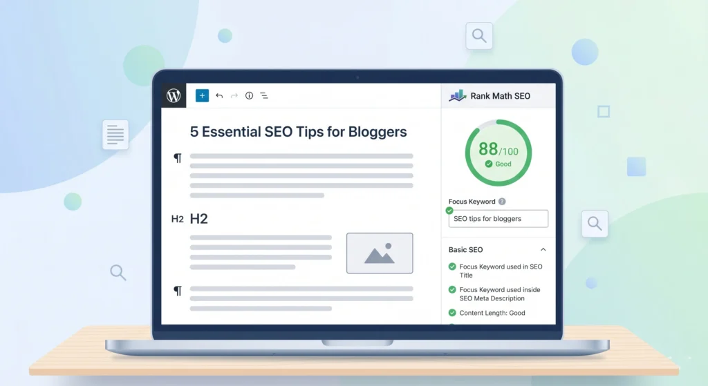 Rank Math SEO blog post optimization with keyword and SEO score