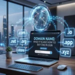 Modern illustration showing domain names and website extensions for a domain name guide in 2026