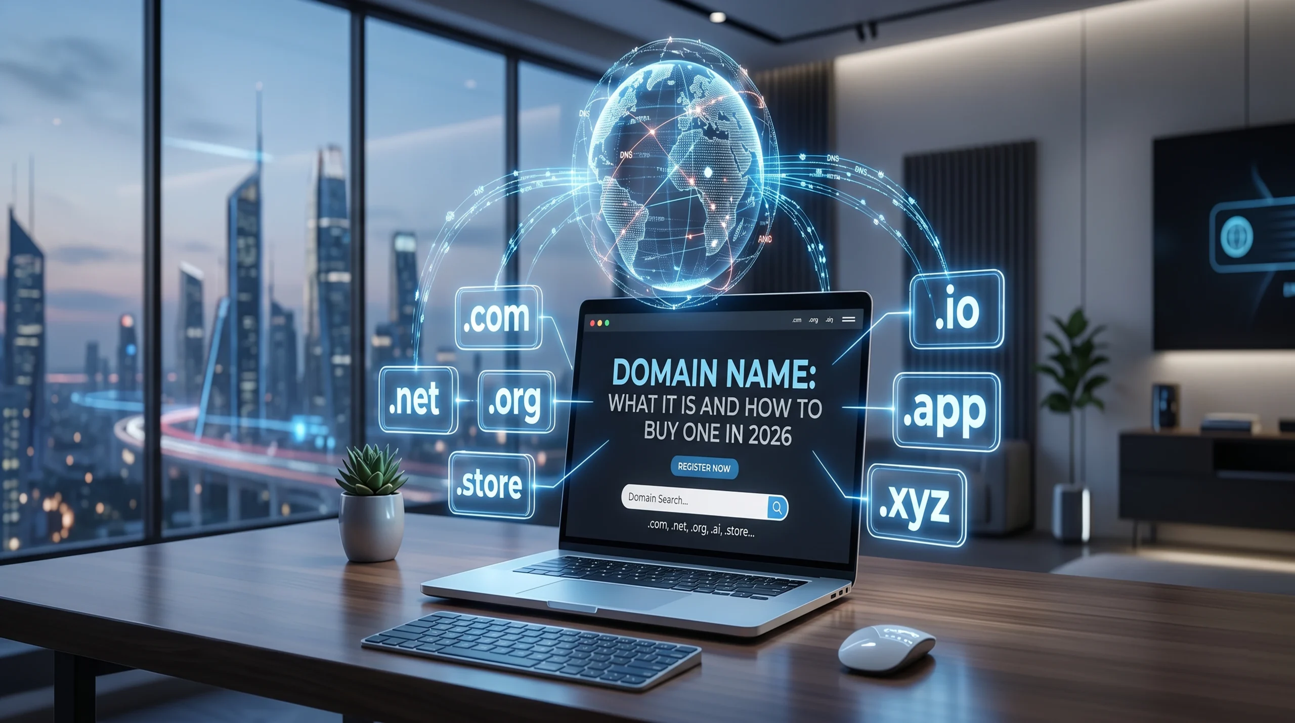 Modern illustration showing domain names and website extensions for a domain name guide in 2026
