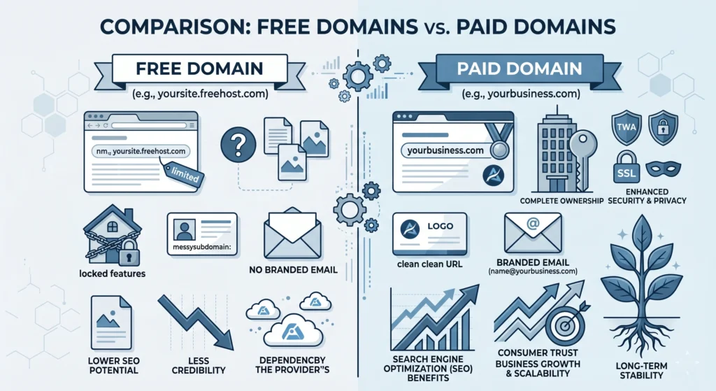 Comparison illustration between free domain names and paid domain names