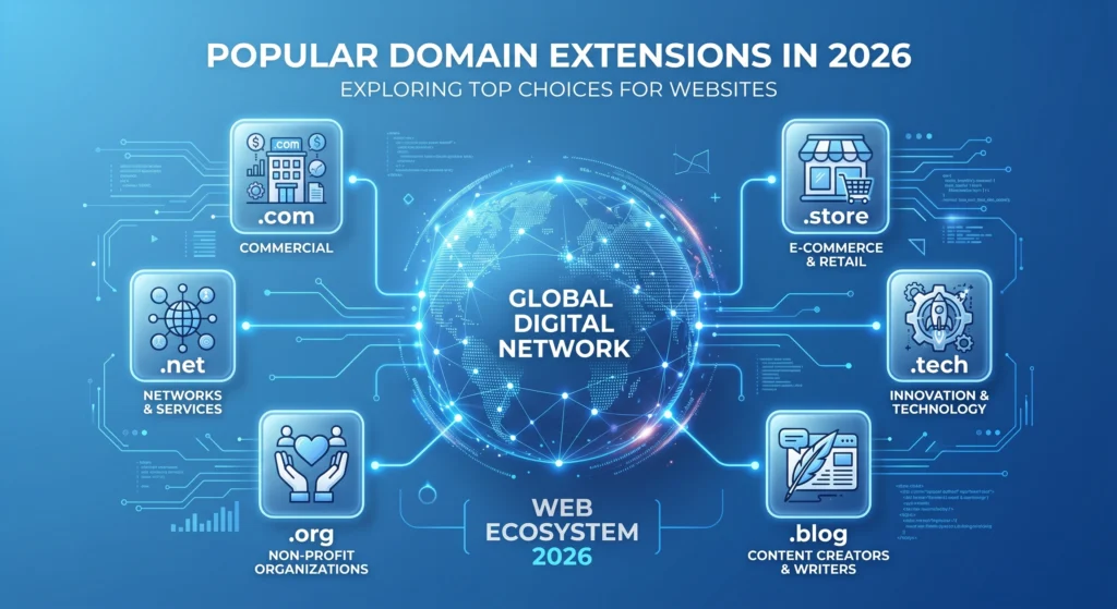 Illustration showing popular domain name extensions like .com .net .org and .ai in 2026
