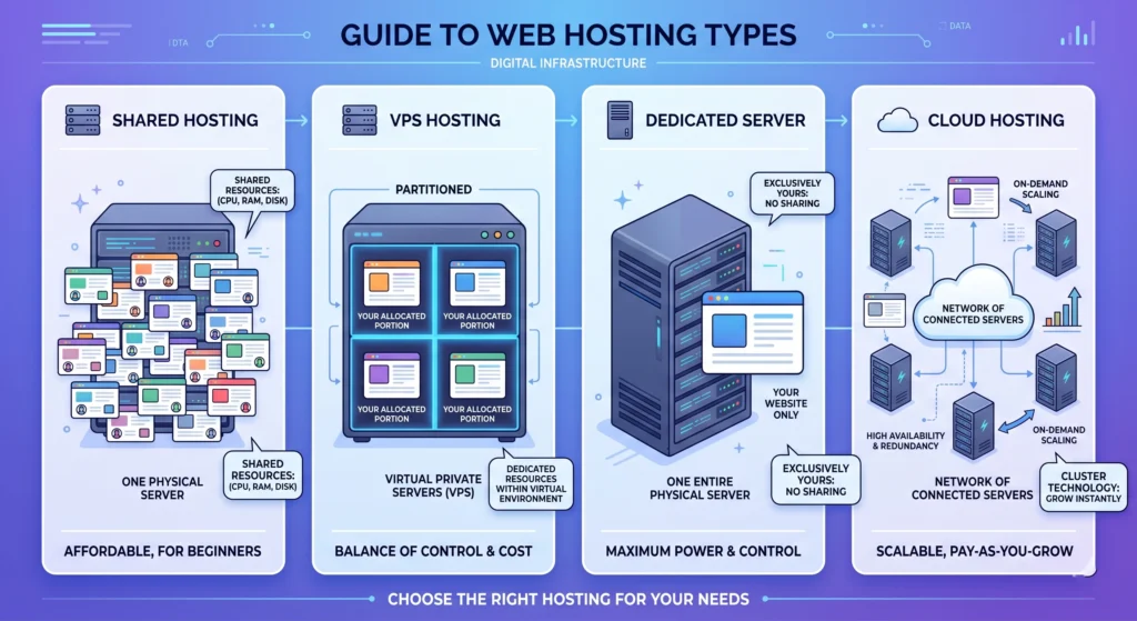 types of web hosting illustration including shared vps dedicated and cloud hosting