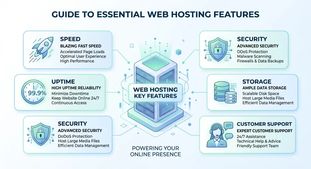 key features of web hosting including speed uptime security storage and support