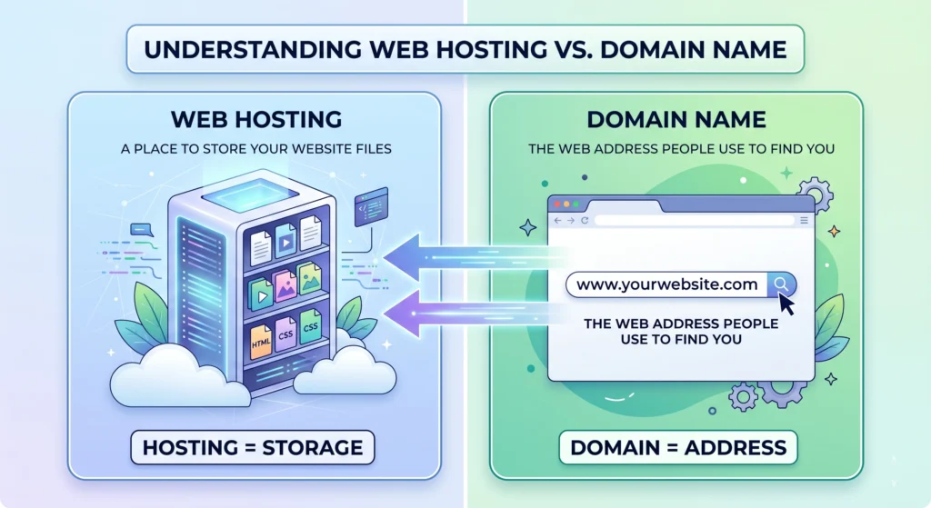 web hosting vs domain name comparison with server and website address concept