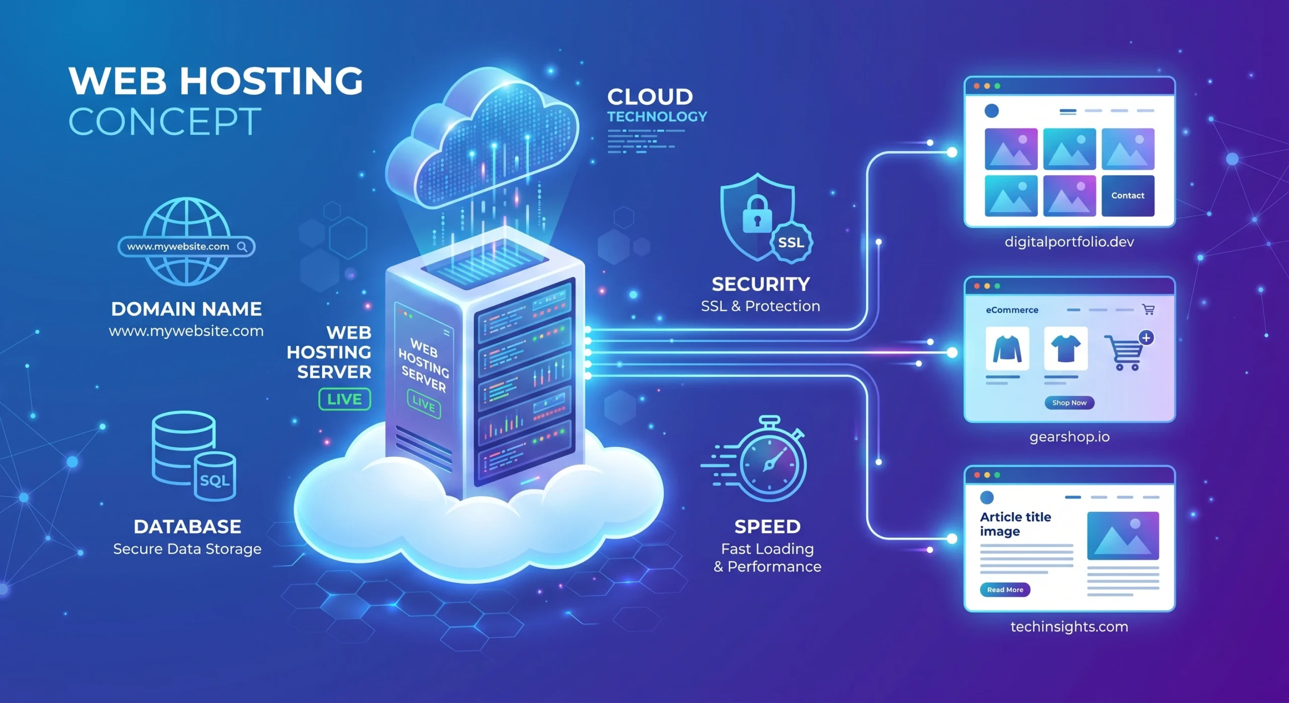 What is web hosting concept with server and cloud illustration