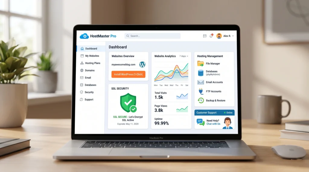 Beginner-friendly web hosting features including WordPress installation and SSL security