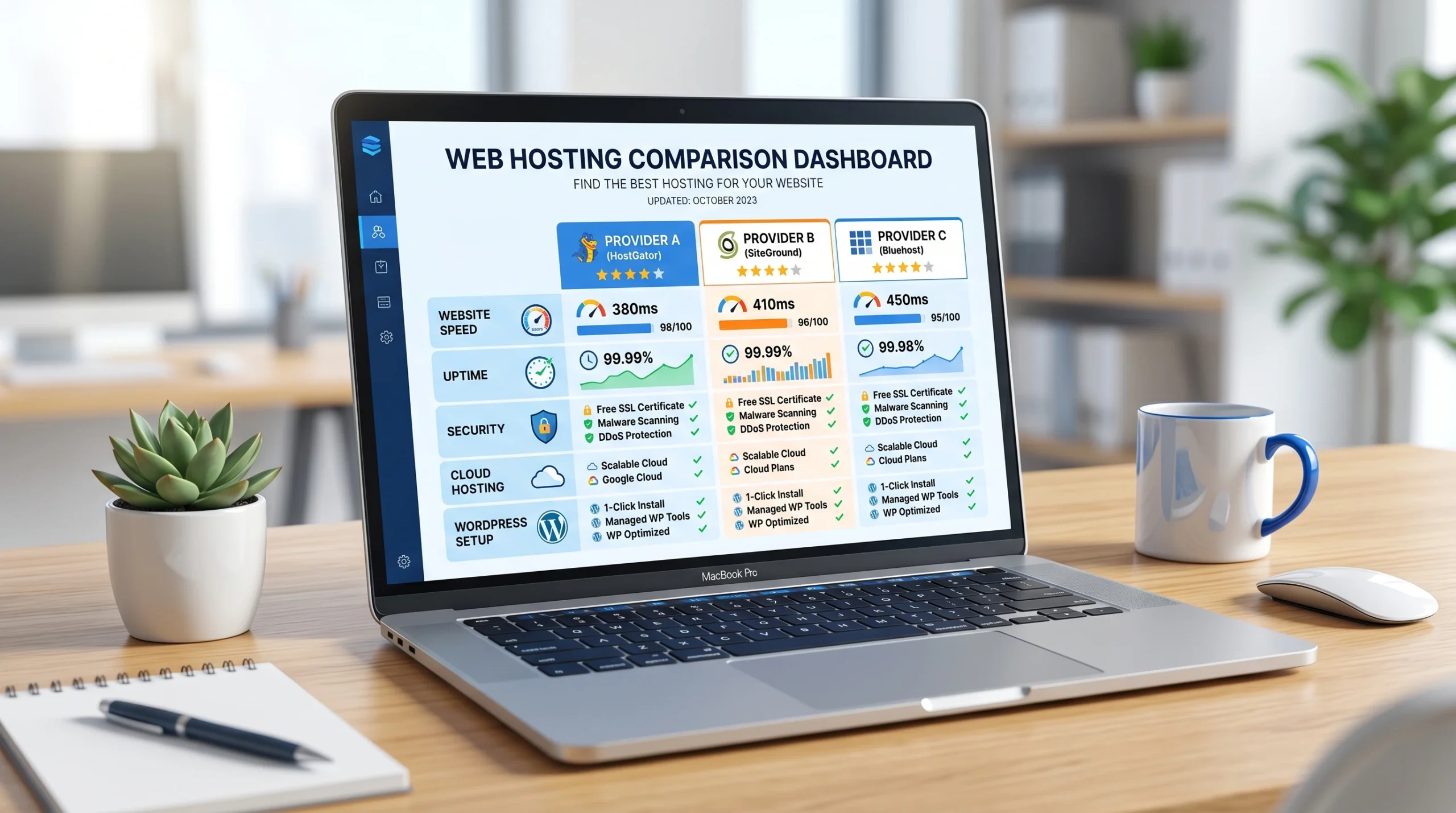 Best hosting for beginners comparison dashboard with website speed and security features