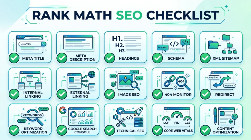 Ultimate Rank Math SEO Checklist (2026): 50+ Powerful SEO Tips Rank Math SEO checklist infographic