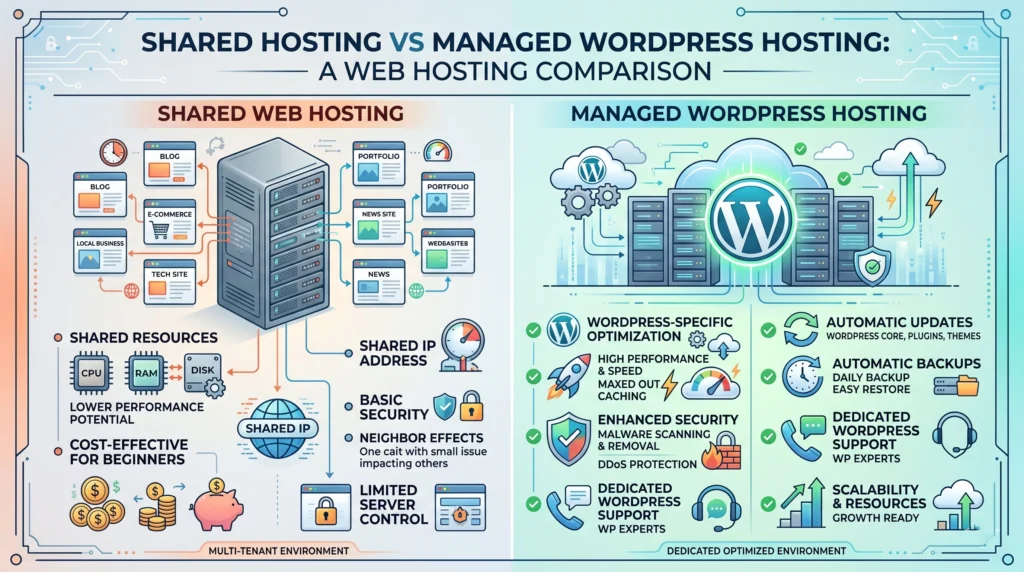 Shared hosting versus managed WordPress hosting comparison infographic