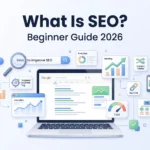 What is SEO beginner guide illustration showing search engine optimization, website ranking, keywords, and organic traffic