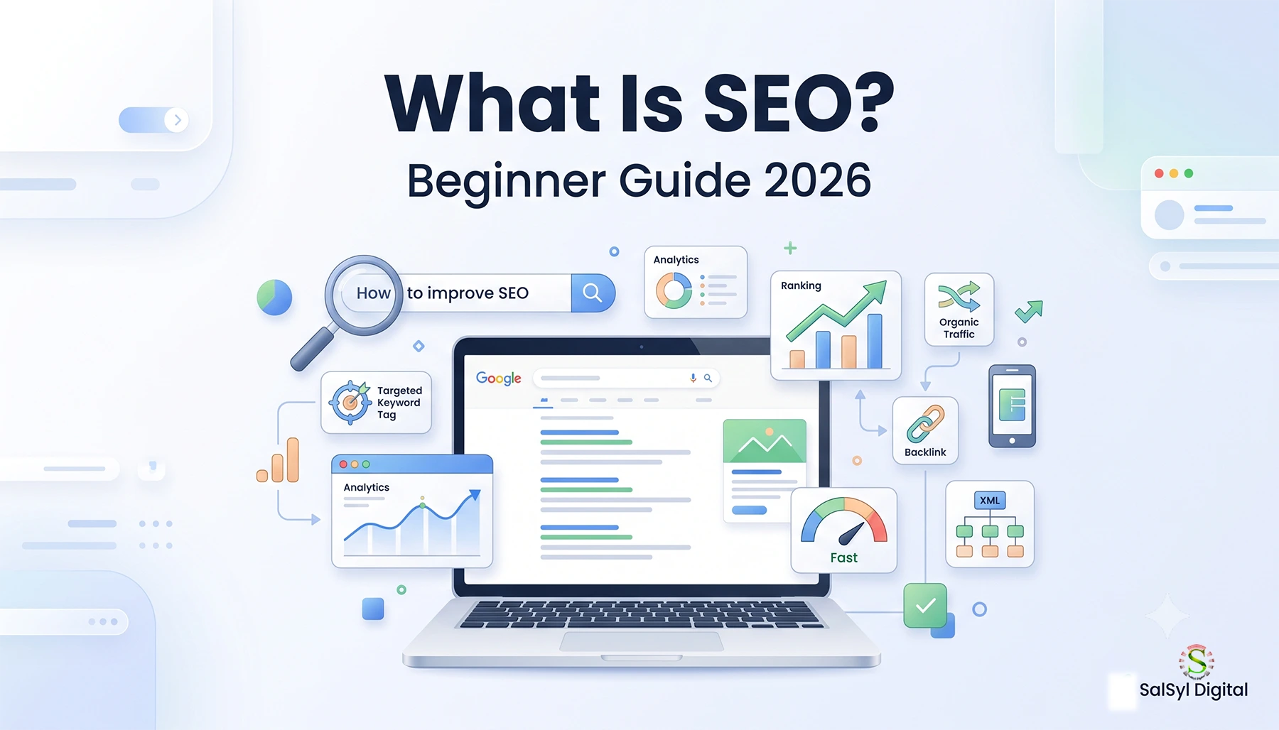 What Is SEO? Complete & Easy Beginner Guide (2026) What is SEO beginner guide illustration showing search engine optimization, website ranking, keywords, and organic traffic
