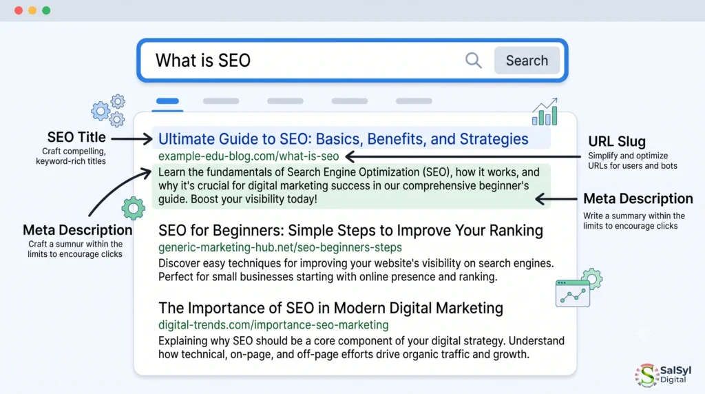 What Is SEO? Complete & Easy Beginner Guide (2026) Search engine results page mockup showing SEO title, URL, and meta description