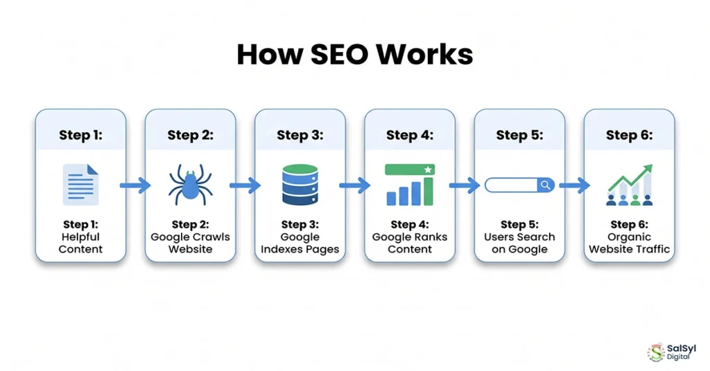 What Is SEO? Complete & Easy Beginner Guide (2026) How SEO works diagram showing crawling, indexing, ranking, and organic traffic in Search Engine Optimization