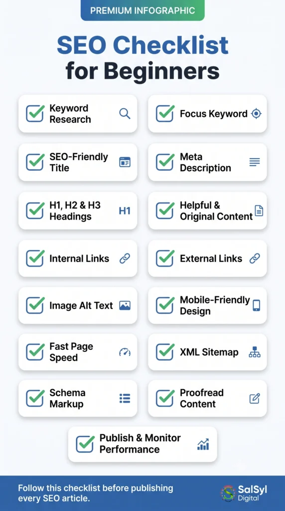 What Is SEO? Complete & Easy Beginner Guide (2026) SEO checklist infographic for beginners showing essential on-page SEO optimization steps