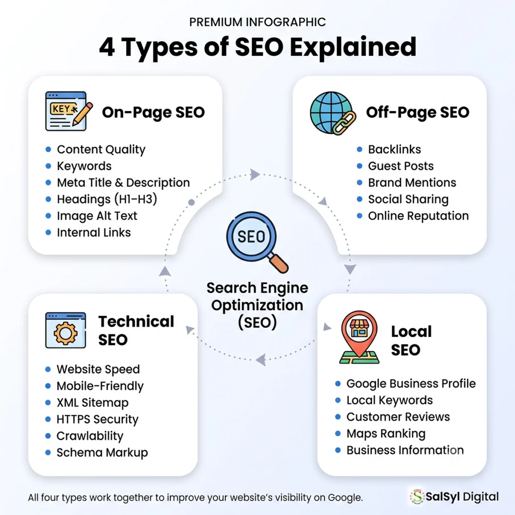 What Is SEO? Complete & Easy Beginner Guide (2026) Types of SEO infographic explaining On-Page SEO, Off-Page SEO, Technical SEO, and Local SEO