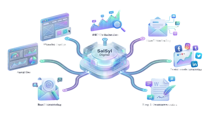 salsyl-digital-complete-digital-solutions- Modern illustration of website design, SEO optimization, email marketing, social media marketing, and content creation for small businesses.